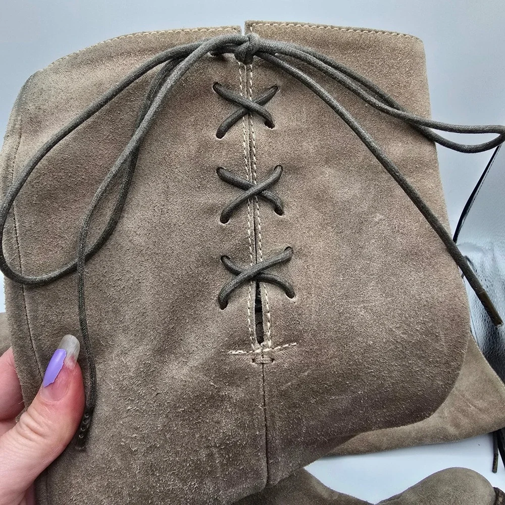 Florentini Baker Suede Over The Knee Boots Lace Up Heeled Taupe Size 37.5 Italy